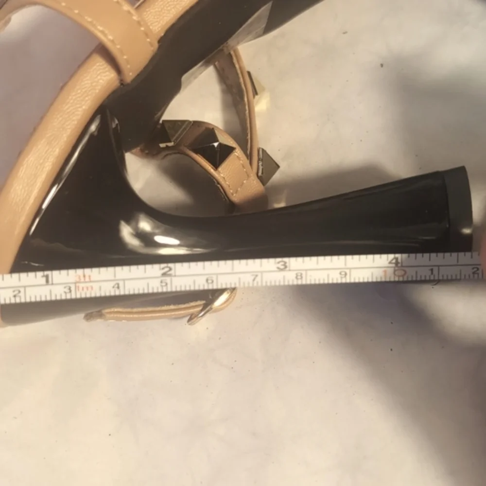 New Classic Two-Tone Black and Beige Heels with T-Strap Design Size 41